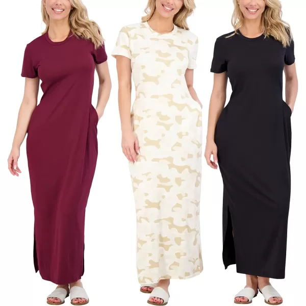 3Pack Womens Casual Short Sleeve Maxi TShirt Dress  Summer Dress with Slit amp Pockets Available in Plus SizeMaxi Dress with Slit Set 3