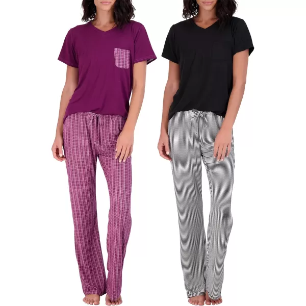 Real Essentials 2 Pack Womens Pajama Set SuperSoft Short  Long Sleeve Top With Pants Available In Plus SizeLong Sleeve Set D