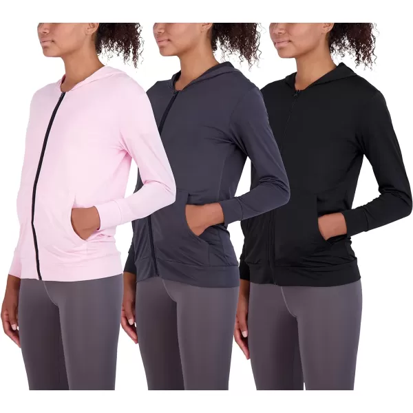 Real Essentials 3 Pack Womens DryFit Long Sleeve Quarter Zip  Full Zip Up Hoodie Workout Jacket Available in PlusSet 1