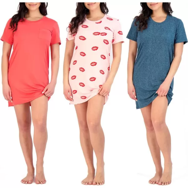 Real Essentials 3 Pack Womens Nightshirt Short Sleeve Soft Nightgown Sleep Dress With Pocket Available In Plus SizeSet 7