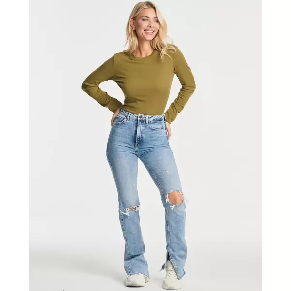 Real Essentials 3 Pack Womens Round Neck Long Sleeve Ribbed Bodysuit Shirt Tops Available in Plus SizeSet 1