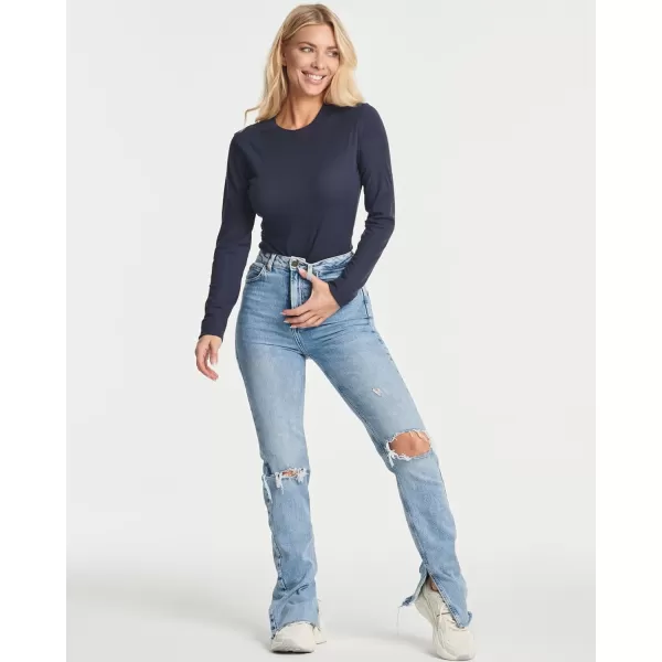 Real Essentials 3 Pack Womens Round Neck Long Sleeve Ribbed Bodysuit Shirt Tops Available in Plus SizeSet 5