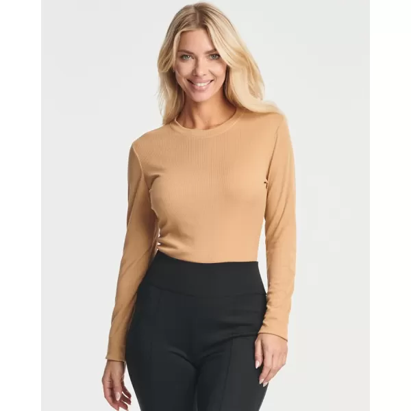 Real Essentials 3 Pack Womens Round Neck Long Sleeve Ribbed Bodysuit Shirt Tops Available in Plus SizeStandard Set 2