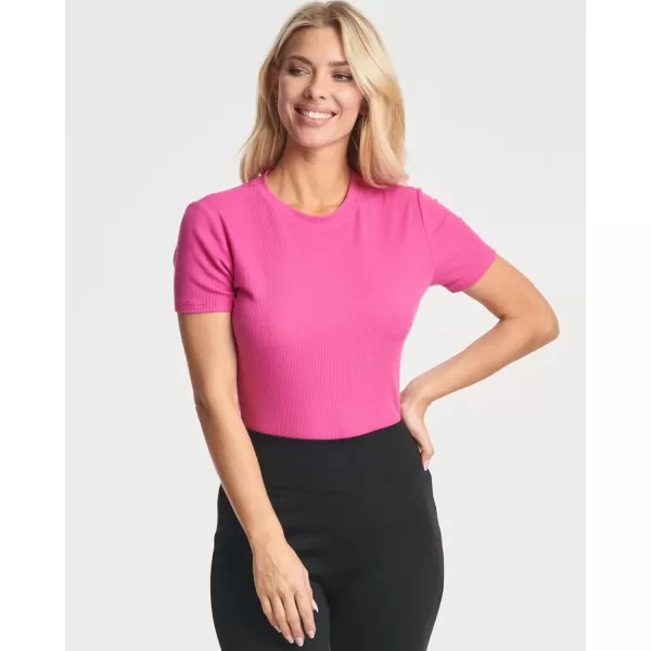 Real Essentials 3 Pack Womens Round Neck Short Sleeve Ribbed Shapewear Bodysuit Shirt Tops  Available in Plus SizeRegular Size Set 3