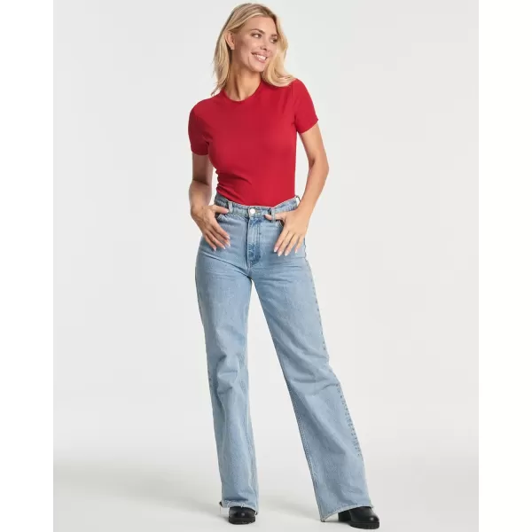 Real Essentials 3 Pack Womens Round Neck Short Sleeve Ribbed Shapewear Bodysuit Shirt Tops  Available in Plus SizeRegular Size Set 5