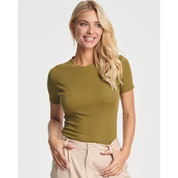 Real Essentials 3 Pack Womens Round Neck Short Sleeve Ribbed Shapewear Bodysuit Shirt Tops  Available in Plus SizeSet 4