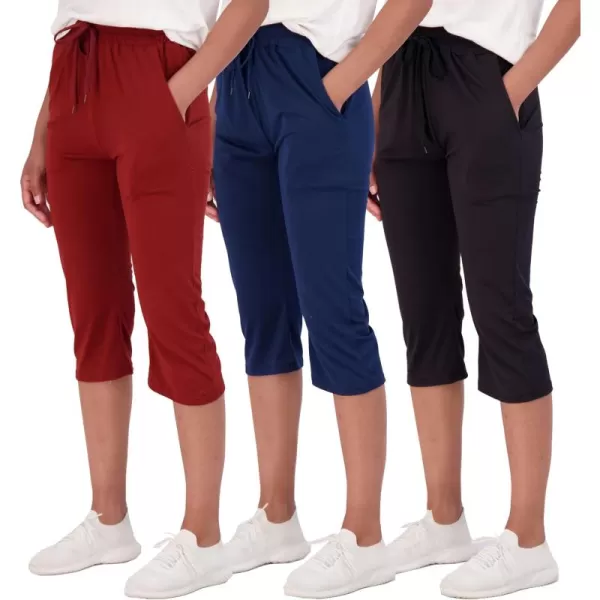 Real Essentials 3Pack Womens Capri Open Bottom Soft Sweatpants with Drawstring Available in Plus SizeSet 1