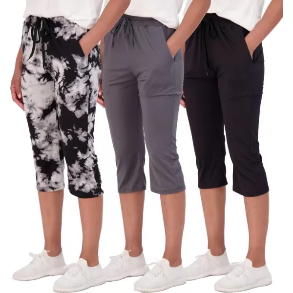 Real Essentials 3Pack Womens Capri Open Bottom Soft Sweatpants with Drawstring Available in Plus SizeSet 2