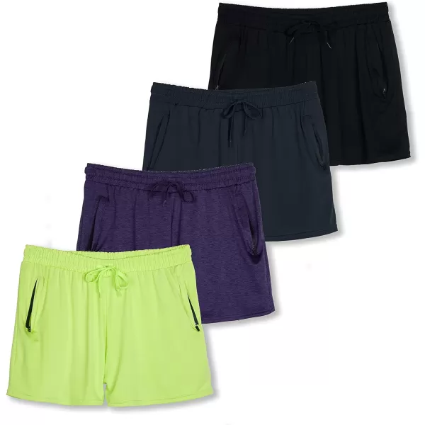 Real Essentials 4 Pack Womens Active Athletic Performance DryFit Shorts with Zipper Pockets Available in Plus SizeSet 12