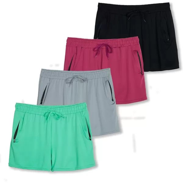 Real Essentials 4 Pack Womens Active Athletic Performance DryFit Shorts with Zipper Pockets Available in Plus SizeSet 14