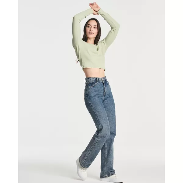 Real Essentials 4Pack Womens Long Sleeve Ribbed Knit Cotton Crew Neck Crop Top Shirt  Available in PlusStandard Set 2