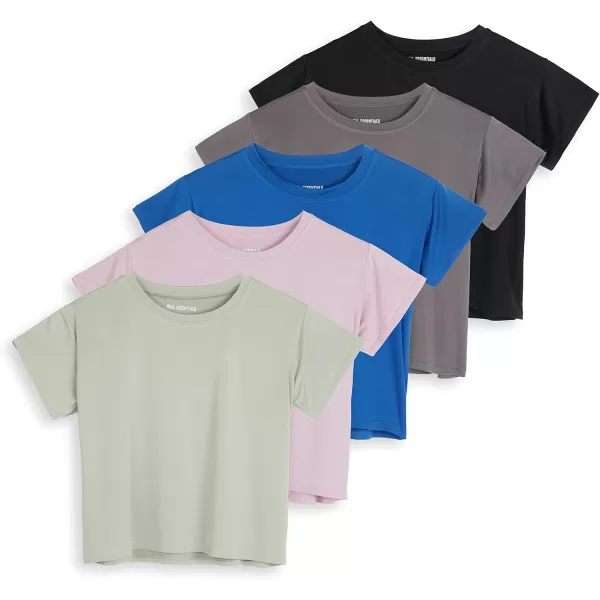 Real Essentials 5 Pack Womens Dry Fit Crop Top  Short Sleeve Crew Neck Stretch Athletic Tee Available in Plus SizeSet 1