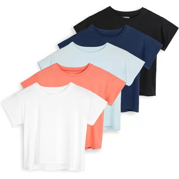 Real Essentials 5 Pack Womens Dry Fit Crop Top  Short Sleeve Crew Neck Stretch Athletic Tee Available in Plus SizeSet 3