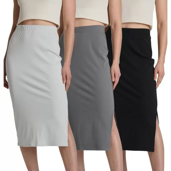 3 Pack Womens Midi Ribbed Knit Skirt with Back Slit  Stretchy Pencil PullOn SkirtsSet 1