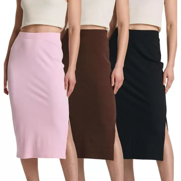 3 Pack Womens Midi Ribbed Knit Skirt with Back Slit  Stretchy Pencil PullOn SkirtsSet 2