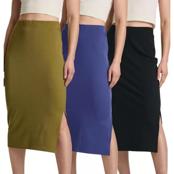 3 Pack Womens Midi Ribbed Knit Skirt with Back Slit  Stretchy Pencil PullOn SkirtsSet 4