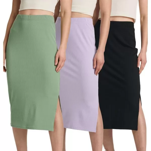 3 Pack Womens Midi Ribbed Knit Skirt with Back Slit  Stretchy Pencil PullOn SkirtsSet 5