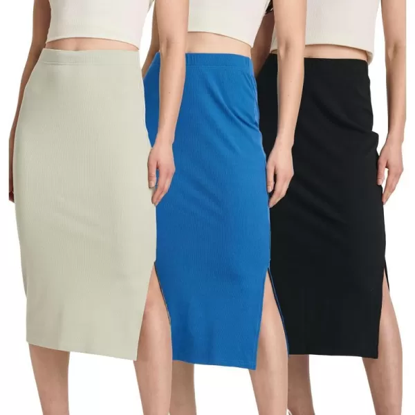 3 Pack Womens Midi Ribbed Knit Skirt with Back Slit  Stretchy Pencil PullOn SkirtsSet 7