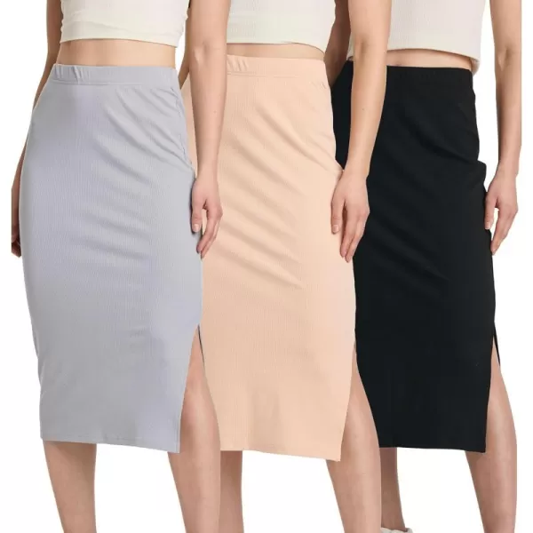 3 Pack Womens Midi Ribbed Knit Skirt with Back Slit  Stretchy Pencil PullOn SkirtsSet 8