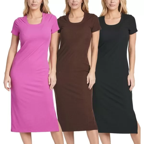 3 Pack Womens Ribbed Jersey Crew Neck Short Sleeve Midi Length Dress with Side SlitSet 1