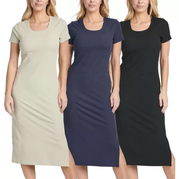 3 Pack Womens Ribbed Jersey Crew Neck Short Sleeve Midi Length Dress with Side SlitSet 2