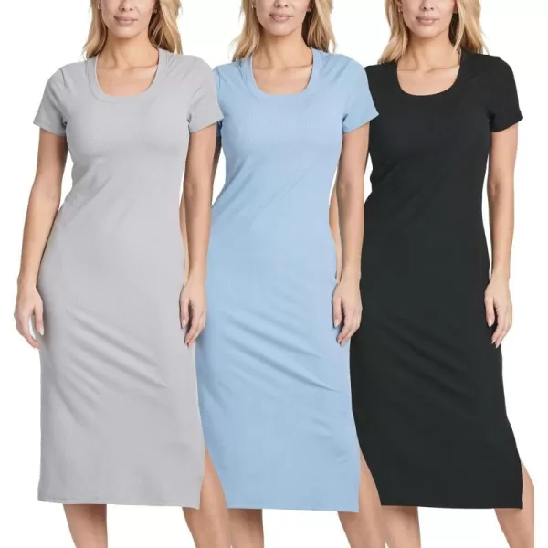 3 Pack Womens Ribbed Jersey Crew Neck Short Sleeve Midi Length Dress with Side SlitSet 3