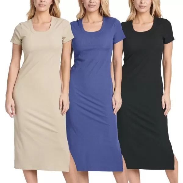 3 Pack Womens Ribbed Jersey Crew Neck Short Sleeve Midi Length Dress with Side SlitSet 4