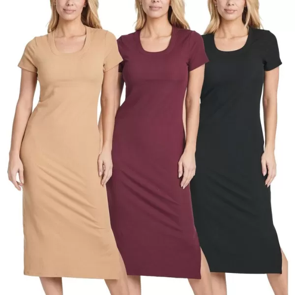 3 Pack Womens Ribbed Jersey Crew Neck Short Sleeve Midi Length Dress with Side SlitSet 6