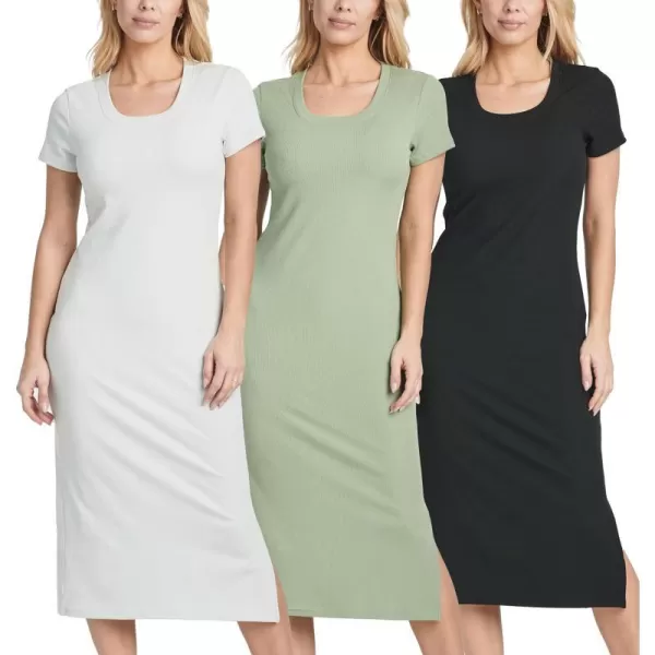 3 Pack Womens Ribbed Jersey Crew Neck Short Sleeve Midi Length Dress with Side SlitSet 8