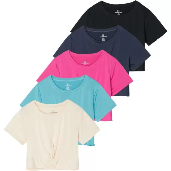 5 Pack Womens Short Sleeve Twist Front Crop Top DryFit Athletic Crew Neck TShirt Available in PlusSet 1