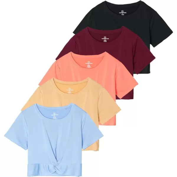 5 Pack Womens Short Sleeve Twist Front Crop Top DryFit Athletic Crew Neck TShirt Available in PlusSet 5