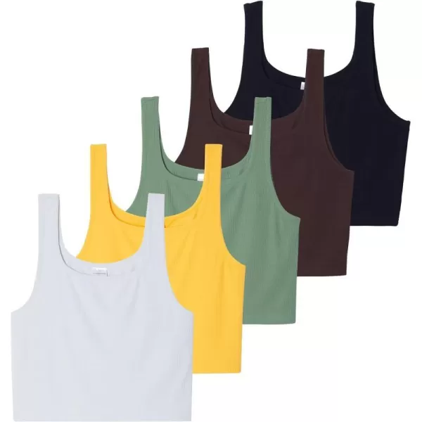 5 Pack Womens Soft Knit Ribbed Square Neck Cropped Tank Top  Sleeveless Crop TopsSet 1