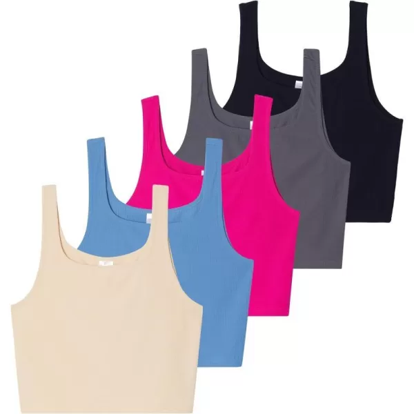 5 Pack Womens Soft Knit Ribbed Square Neck Cropped Tank Top  Sleeveless Crop TopsSet 2