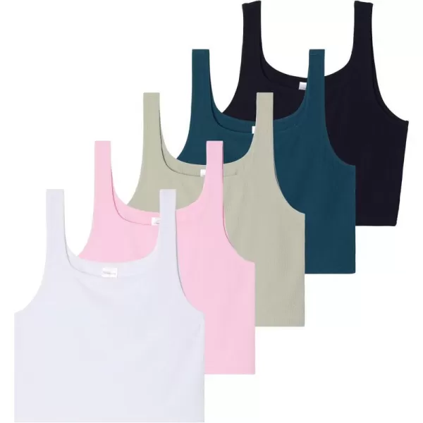 5 Pack Womens Soft Knit Ribbed Square Neck Cropped Tank Top  Sleeveless Crop TopsSet 3