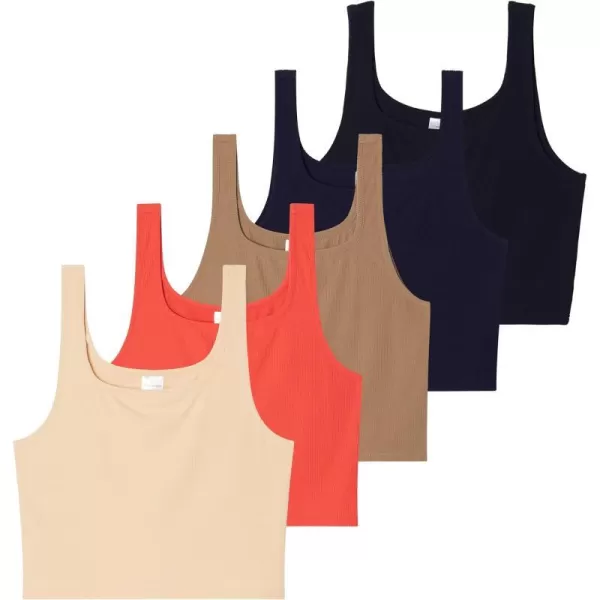 5 Pack Womens Soft Knit Ribbed Square Neck Cropped Tank Top  Sleeveless Crop TopsSet 4