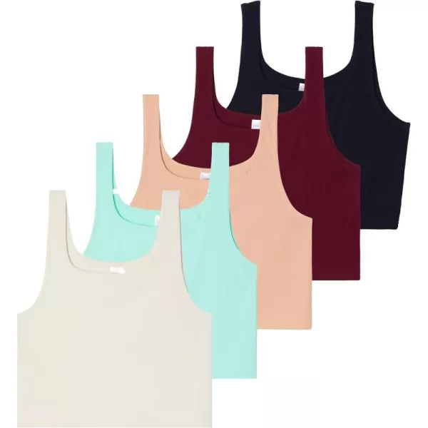 5 Pack Womens Soft Knit Ribbed Square Neck Cropped Tank Top  Sleeveless Crop TopsSet 6