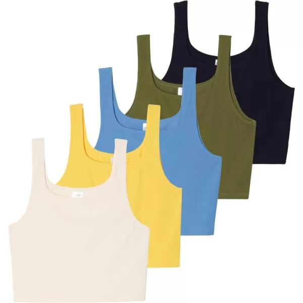 5 Pack Womens Soft Knit Ribbed Square Neck Cropped Tank Top  Sleeveless Crop TopsSet 7