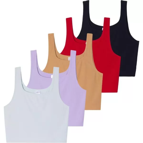 5 Pack Womens Soft Knit Ribbed Square Neck Cropped Tank Top  Sleeveless Crop TopsSet 8