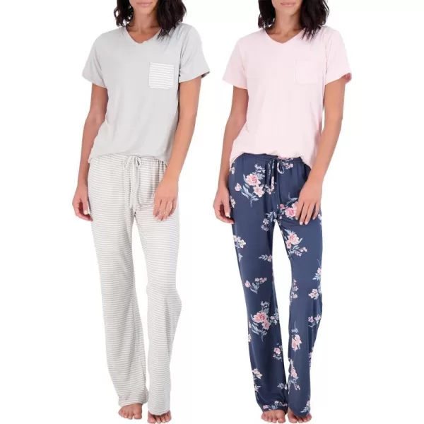 Real Essentials 2 Pack Womens Pajama Set SuperSoft Short  Long Sleeve Top With Pants Available In Plus SizeShort Sleeve Set G