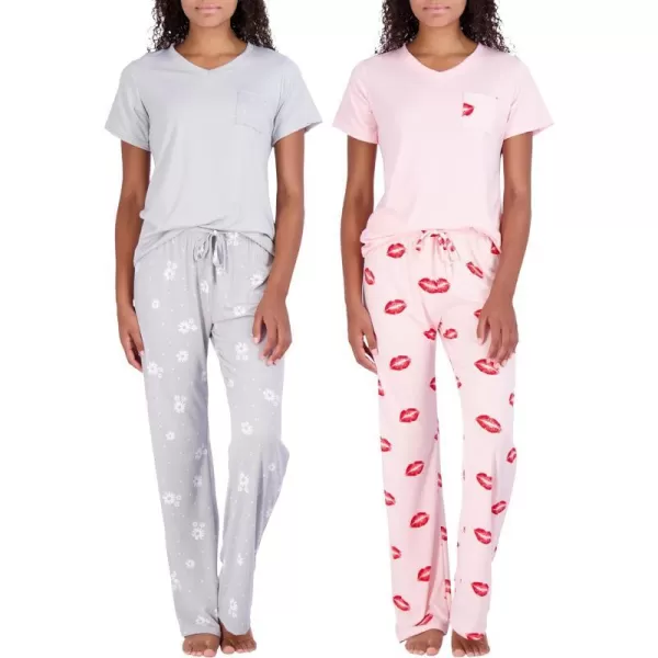 Real Essentials 2 Pack Womens Pajama Set SuperSoft Short  Long Sleeve Top With Pants Available In Plus SizeShort Sleeve Set J