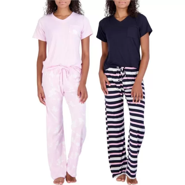 Real Essentials 2 Pack Womens Pajama Set SuperSoft Short  Long Sleeve Top With Pants Available In Plus SizeShort Sleeve Set K