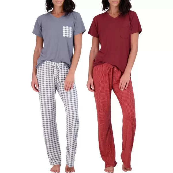 Real Essentials 2 Pack Womens Pajama Set SuperSoft Short  Long Sleeve Top With Pants Available In Plus SizeShort Sleeve Set a