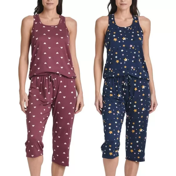 Real Essentials 2 Pack Womens Pajama Set Tank Top and Capri Pants SuperSoft Loungewear Avalable In Plus SizeSet 7