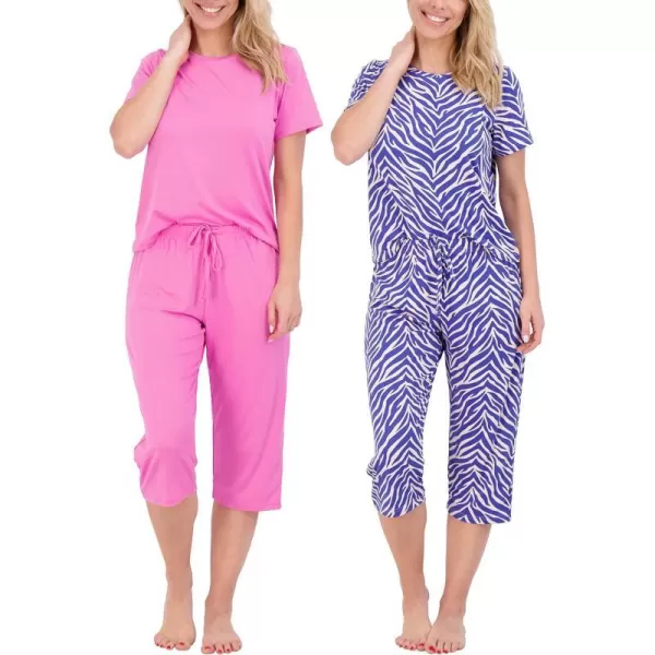 Real Essentials 2 Pack Womens ShortSleeve PJ Top with Capri Pants  Pajama Lounge amp Sleepwear Set Available In PlusPlus Size Set 1