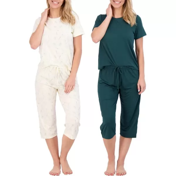 Real Essentials 2 Pack Womens ShortSleeve PJ Top with Capri Pants  Pajama Lounge amp Sleepwear Set Available In PlusPlus Size Set 3