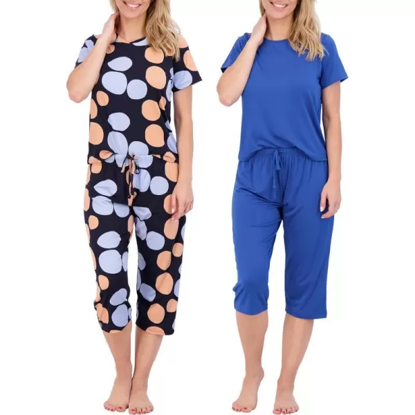 Real Essentials 2 Pack Womens ShortSleeve PJ Top with Capri Pants  Pajama Lounge amp Sleepwear Set Available In PlusPlus Size Set 4