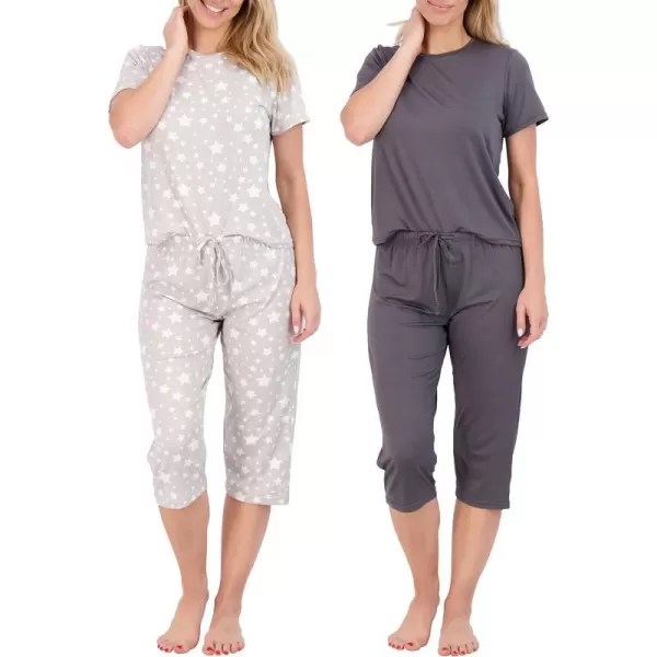 Real Essentials 2 Pack Womens ShortSleeve PJ Top with Capri Pants  Pajama Lounge amp Sleepwear Set Available In PlusPlus Size Set 6