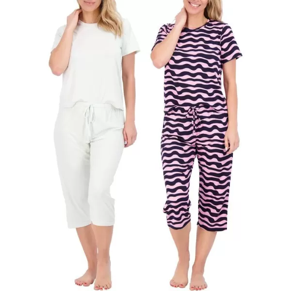 Real Essentials 2 Pack Womens ShortSleeve PJ Top with Capri Pants  Pajama Lounge amp Sleepwear Set Available In PlusPlus Size Set 8