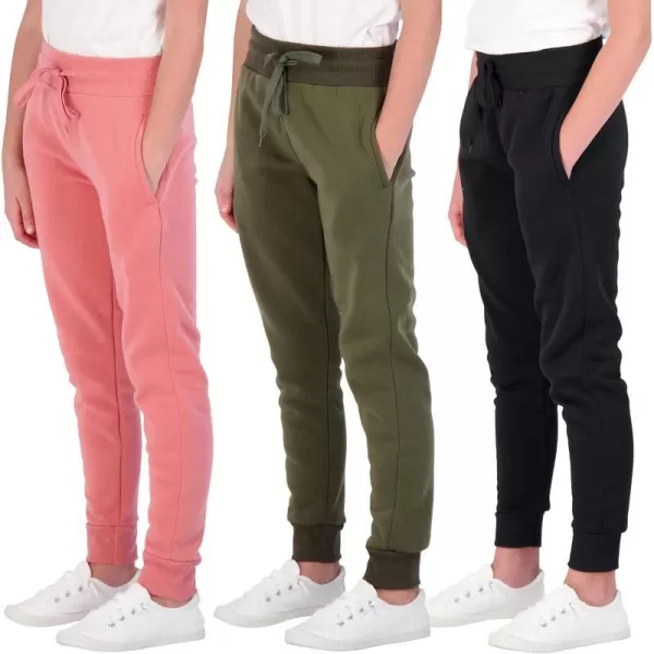 Real Essentials 3 Pack Girls Fleece Joggers Soft Active Performance Casual SweatpantsAges 716Set 4