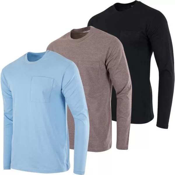 Real Essentials 3 Pack Mens Cotton Performance Long Sleeve Crew Neck Pocket TShirt Athletic Top Available in Big amp TallStandard Set 1